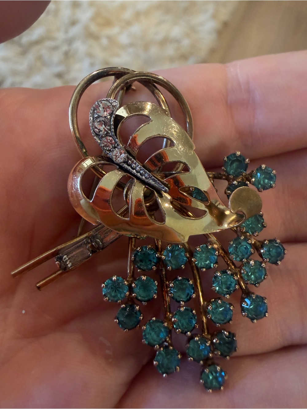CRO signed 12k GF blue and white rhinestones - gold heart/leaf statement brooch